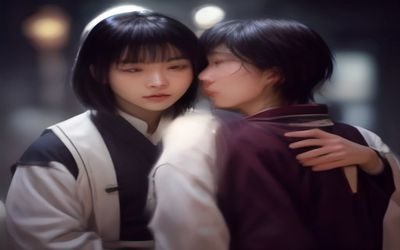 《纯情罗曼史》日系BL经典动漫画面，藤龙与摩刹在晚霞下的标志性场景