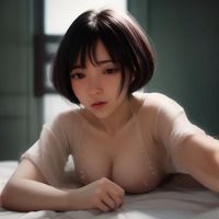 编辑小满的肖像，短发女性站在窗边，手里拿着一本漫画，背景是城市夕阳，表情温和